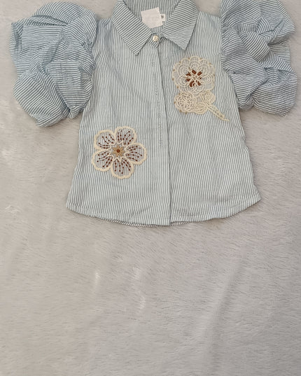 He And She Girls Blue Striped Puff Sleeve Top | Stylish Embroidered Casual Top for Kids