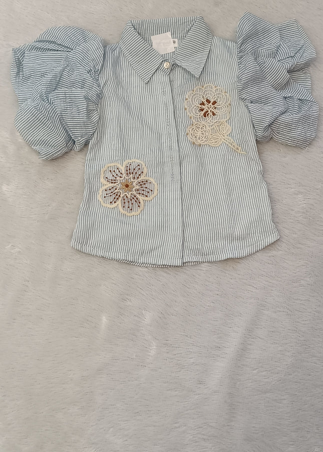 He And She Girls Blue Striped Puff Sleeve Top | Stylish Embroidered Casual Top for Kids