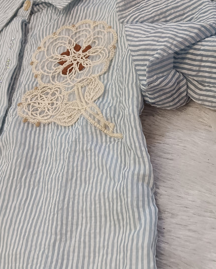 He And She Girls Blue Striped Puff Sleeve Top | Stylish Embroidered Casual Top for Kids