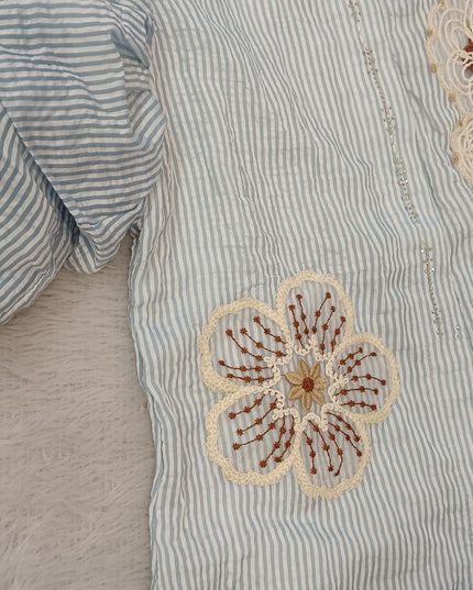 He And She Girls Blue Striped Puff Sleeve Top | Stylish Embroidered Casual Top for Kids