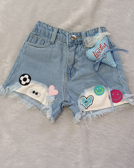 He And She Girls Light Blue Denim Shorts | Cute Patch Work Casual Shorts for Kids