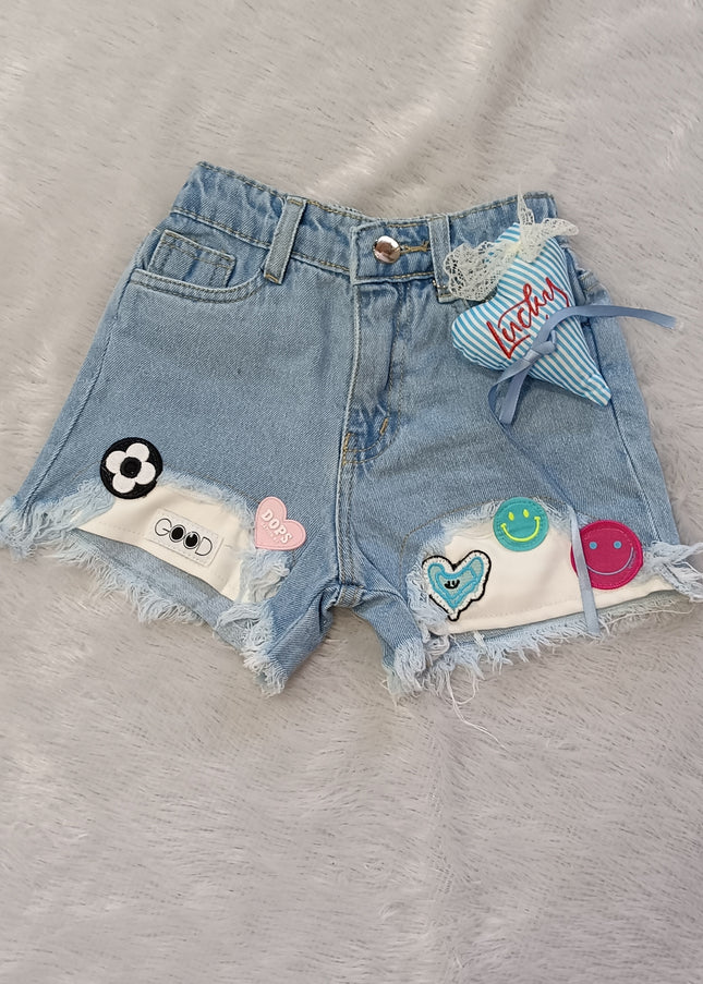 He And She Girls Light Blue Denim Shorts | Cute Patch Work Casual Shorts for Kids