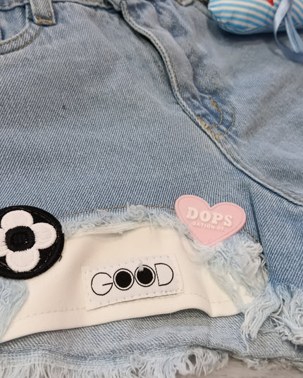 He And She Girls Light Blue Denim Shorts | Cute Patch Work Casual Shorts for Kids
