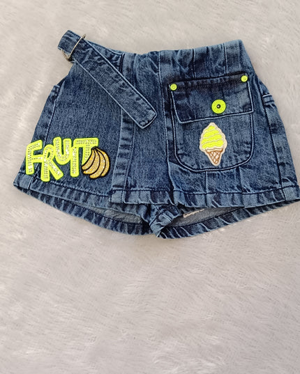 He and She Girls Stylish Denim Shorts with Fruit Patch Design for Kids
