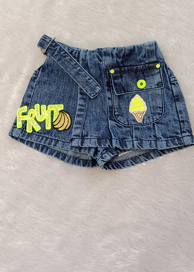 He and She Girls Stylish Denim Shorts with Fruit Patch Design for Kids