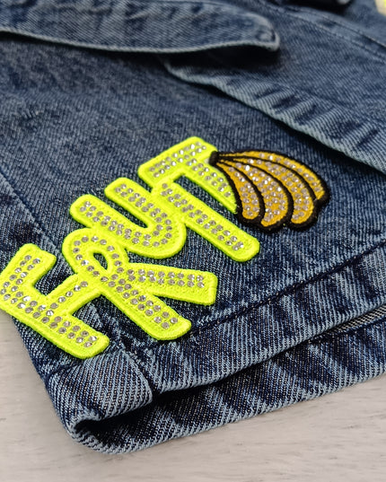 He and She Girls Stylish Denim Shorts with Fruit Patch Design for Kids
