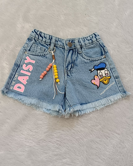 He And She Girls Light Blue Denim Shorts | Cute Cartoon Printed Casual Shorts for Kids