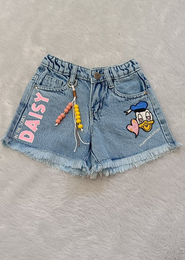He And She Girls Light Blue Denim Shorts | Cute Cartoon Printed Casual Shorts for Kids