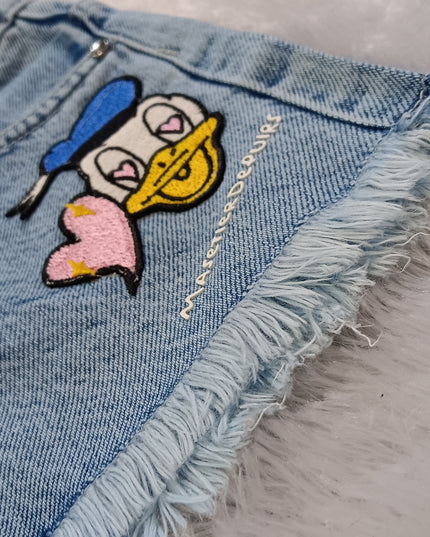 He And She Girls Light Blue Denim Shorts | Cute Cartoon Printed Casual Shorts for Kids