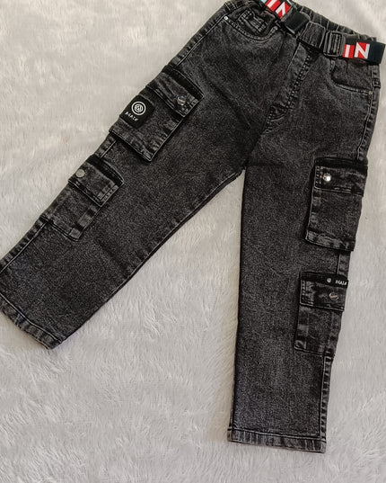 Boys Stylish Black Cargo Jeans for Kids | Trendy Denim Pants by He And She