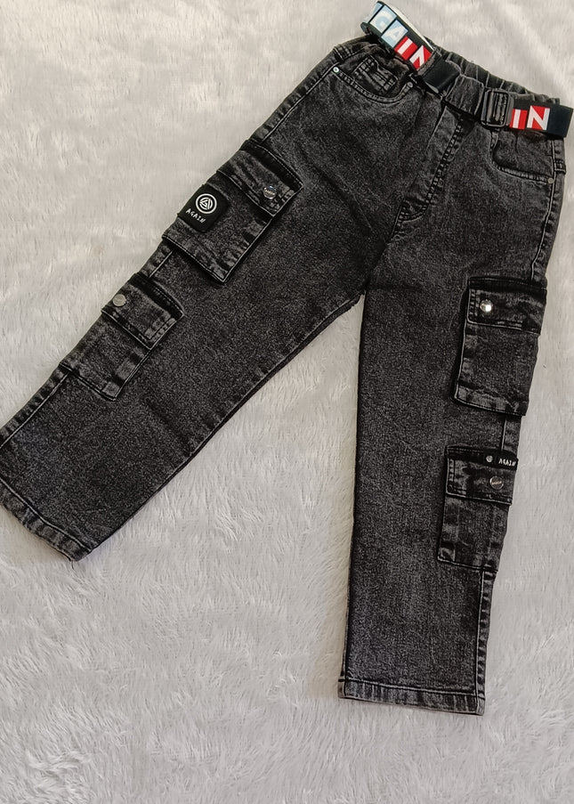 Boys Stylish Black Cargo Jeans for Kids | Trendy Denim Pants by He And She