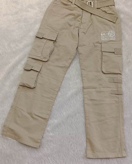He And She Boys Beige Cargo Jeans with Belt | Stylish Multi-Pocket Cotton Pants for Kids