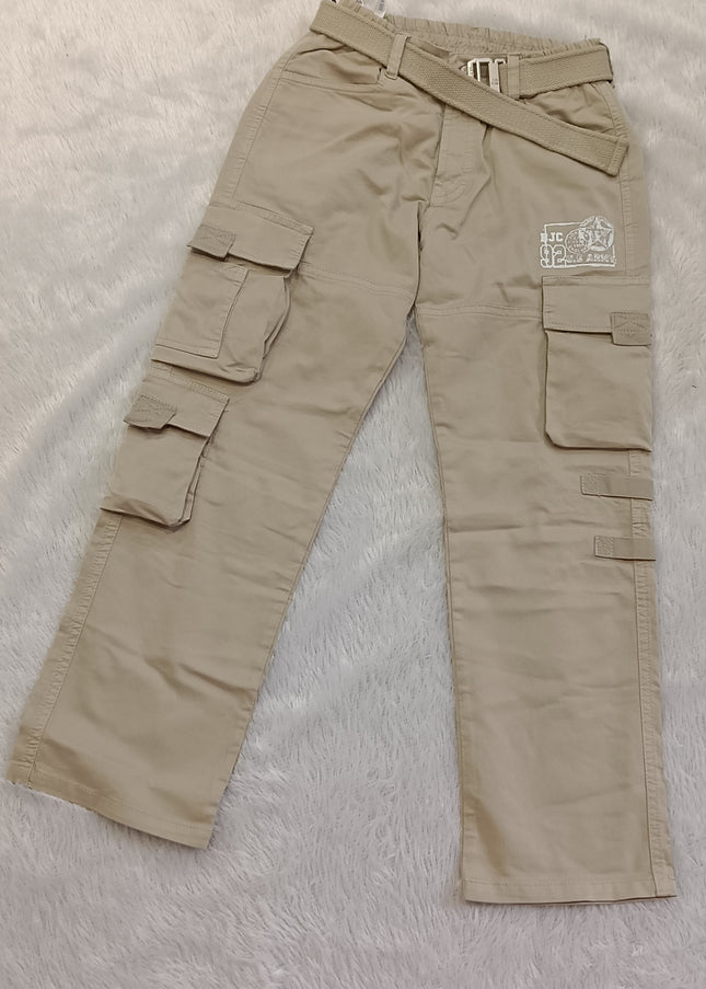 He And She Boys Beige Cargo Jeans with Belt | Stylish Multi-Pocket Cotton Pants for Kids
