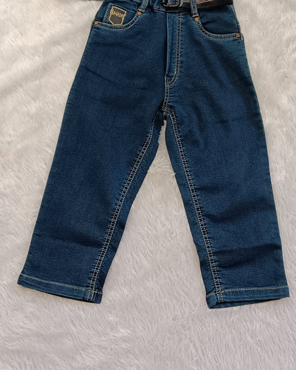 He And She Boys Dark Blue Denim Jeans with Belt | Stylish Regular Fit Kids Jeans