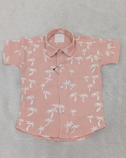 Boys Peach Printed Co-ord Set for Kids | Stylish Shirt & Shorts Set by He And She