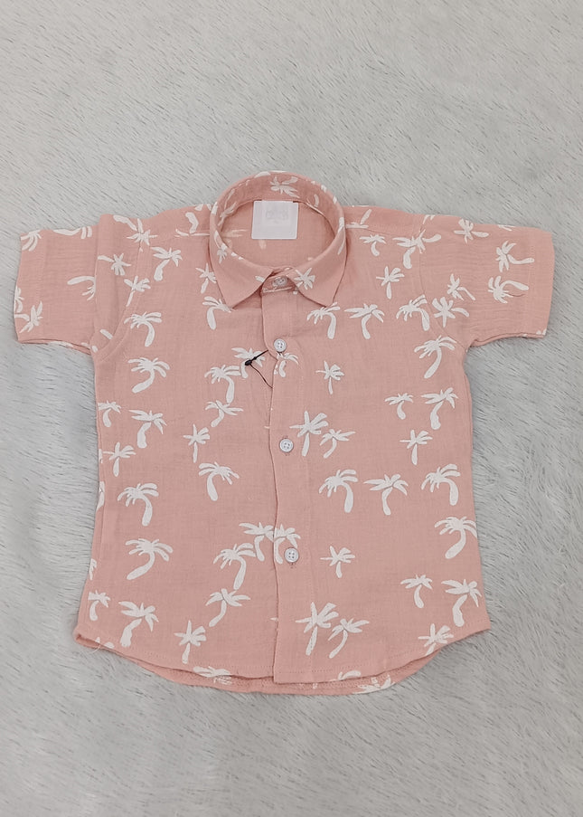 Boys Peach Printed Co-ord Set for Kids | Stylish Shirt & Shorts Set by He And She