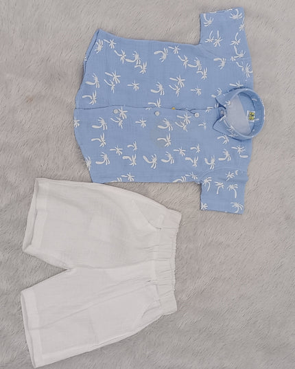 He And She Boys Blue Printed Co-Ord Set | Stylish Cotton Shirt & Pant Set for Kids