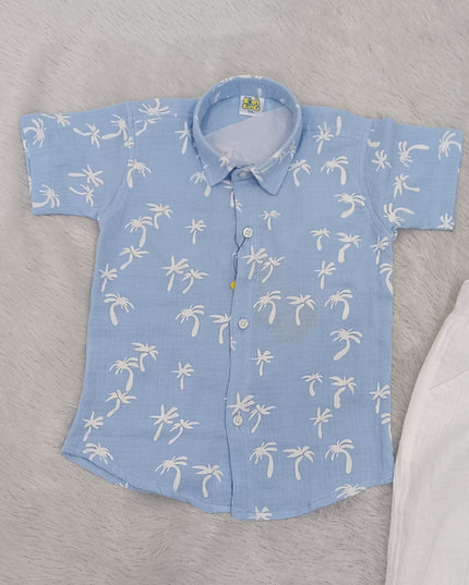 He And She Boys Blue Printed Co-Ord Set | Stylish Cotton Shirt & Pant Set for Kids