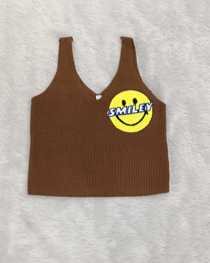 Girls Brown Ribbed Sleeveless Smiley Top for Kids | Trendy Casual Fashion Top