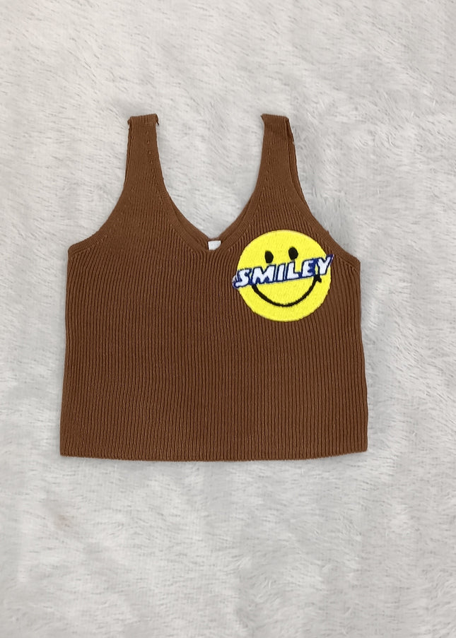 Girls Brown Ribbed Sleeveless Smiley Top for Kids | Trendy Casual Fashion Top