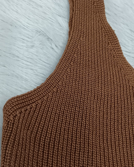 Girls Brown Ribbed Sleeveless Smiley Top for Kids | Trendy Casual Fashion Top