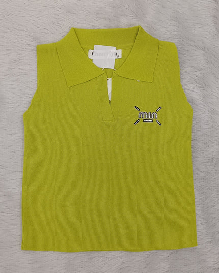 Girls Lime Green Sleeveless Ribbed Collar Top for Kids | Stylish Casual Summer Top