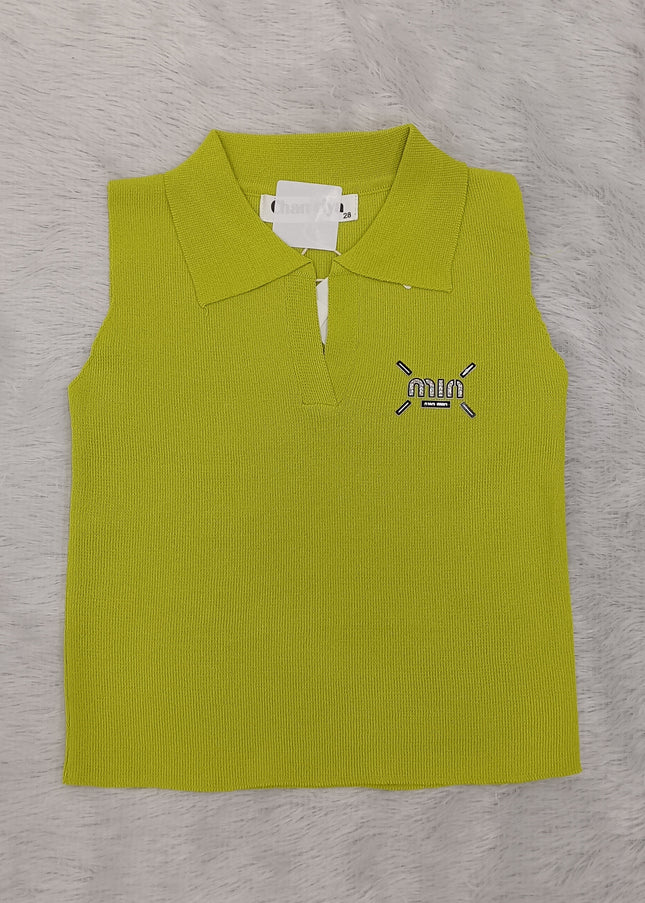 Girls Lime Green Sleeveless Ribbed Collar Top for Kids | Stylish Casual Summer Top
