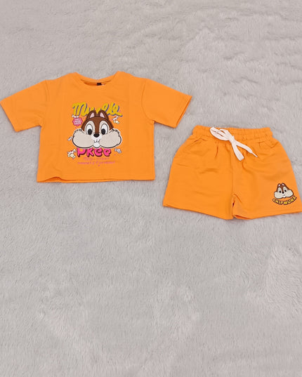 Girls Orange Cartoon Print Co-Ord Set for Kids | Stylish T-Shirt & Shorts Set