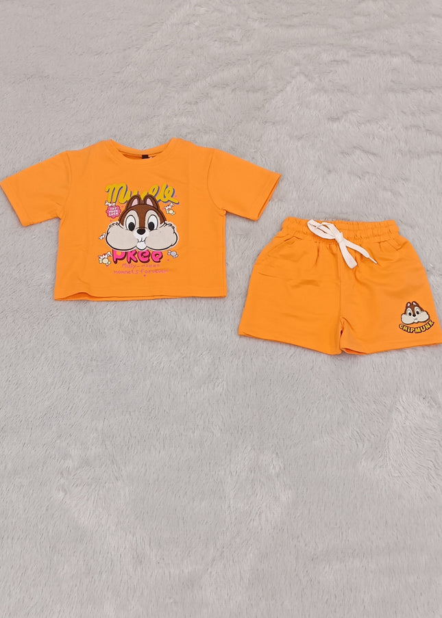 Girls Orange Cartoon Print Co-Ord Set for Kids | Stylish T-Shirt & Shorts Set