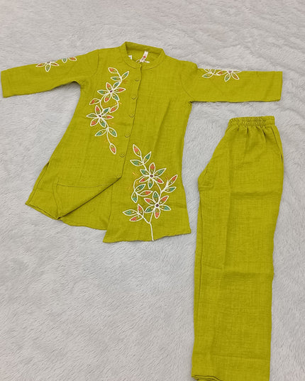 Girls Lime Green Embroidered Cord Set for Kids | Stylish Kurta Pant Set by He And She