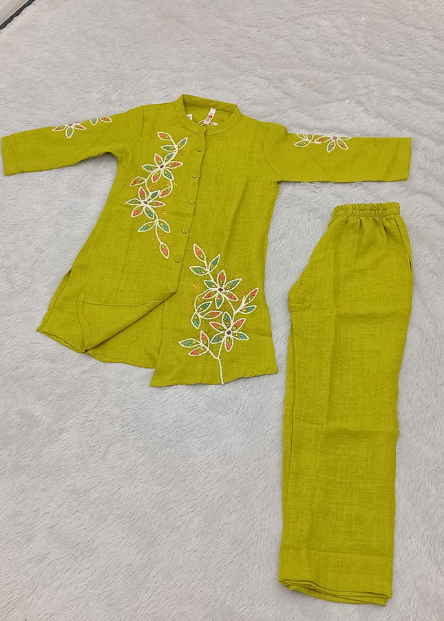 Girls Lime Green Embroidered Cord Set for Kids | Stylish Kurta Pant Set by He And She