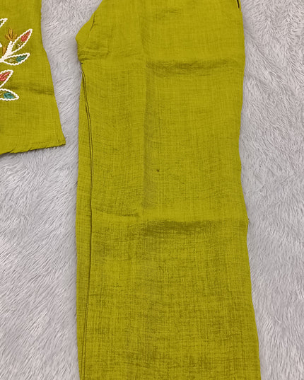Girls Lime Green Embroidered Cord Set for Kids | Stylish Kurta Pant Set by He And She