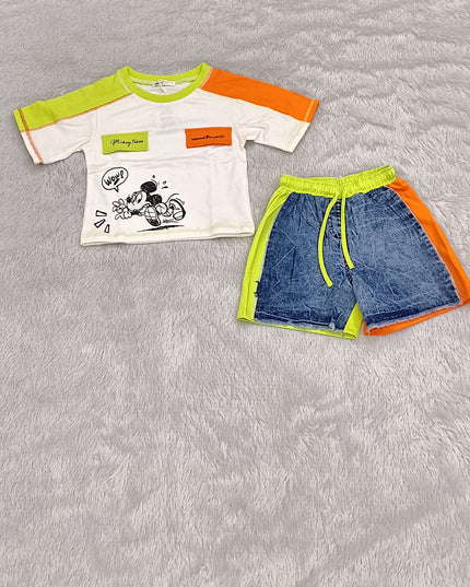 He and She Girls Neon Color Block Co-ord Set with Denim Shorts for Kids