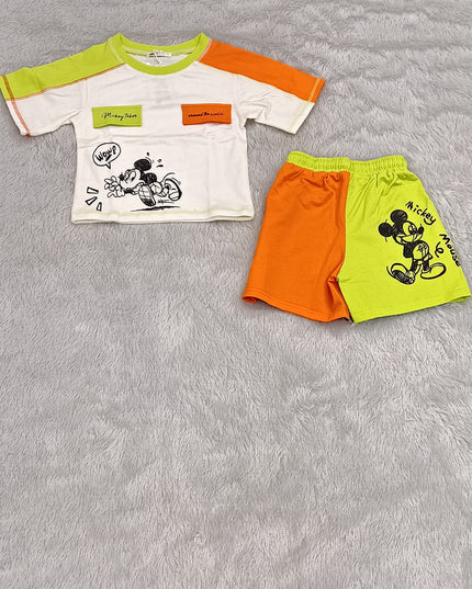 He and She Girls Neon Color Block Co-ord Set with Denim Shorts for Kids