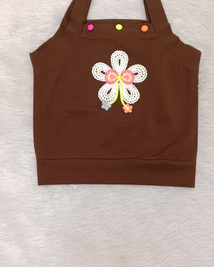 He and She Girls Brown Floral Embroidered Sleeveless Top | Stylish Casual Summer Top for Kids