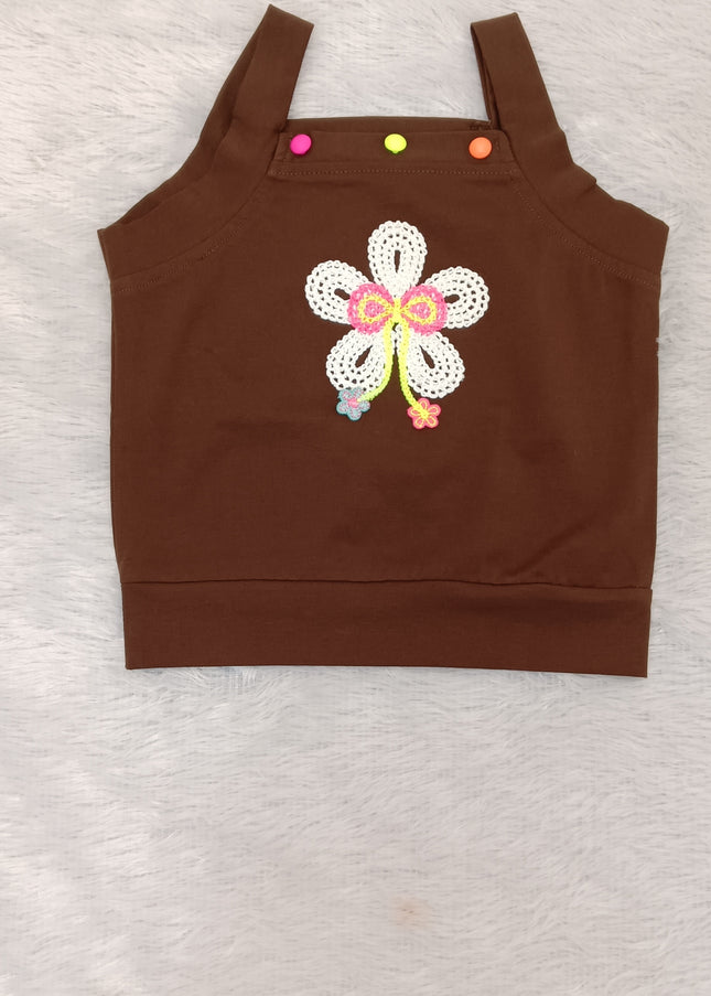 He and She Girls Brown Floral Embroidered Sleeveless Top | Stylish Casual Summer Top for Kids