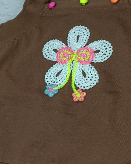 He and She Girls Brown Floral Embroidered Sleeveless Top | Stylish Casual Summer Top for Kids