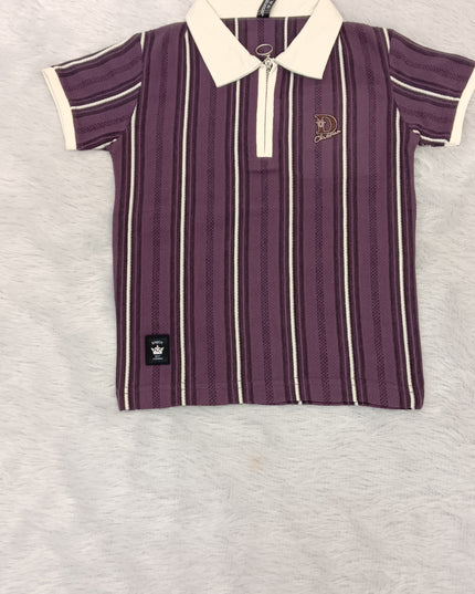 He and She Boys Purple Striped Polo T-Shirt | Casual Half Sleeve Cotton Kids T-Shirt