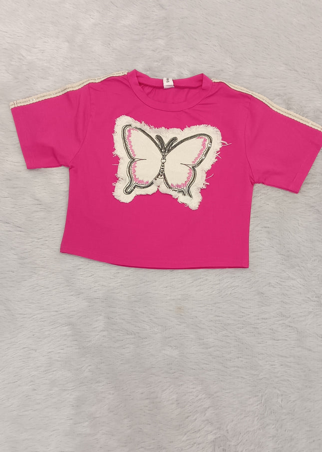He and She Girls Pink Butterfly Applique Top – Stylish Casual Cotton Blend Top for Girls
