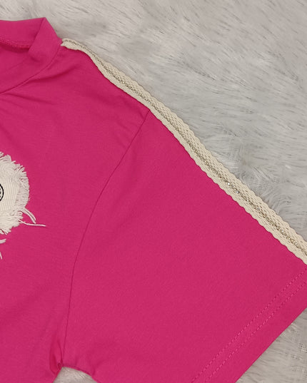 He and She Girls Pink Butterfly Applique Top – Stylish Casual Cotton Blend Top for Girls