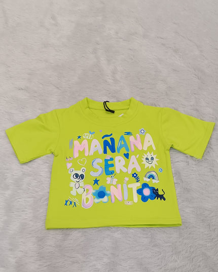 Girls Neon Green Graphic Printed Cotton Top for Kids | Trendy Casual Summer Wear Top