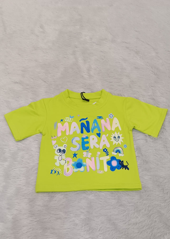Girls Neon Green Graphic Printed Cotton Top for Kids | Trendy Casual Summer Wear Top