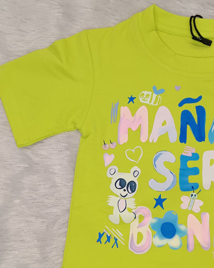 Girls Neon Green Graphic Printed Cotton Top for Kids | Trendy Casual Summer Wear Top