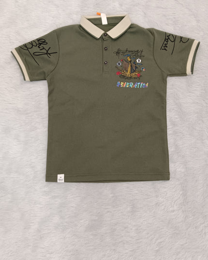 He and She Boys Olive Green Printed Polo T-Shirt