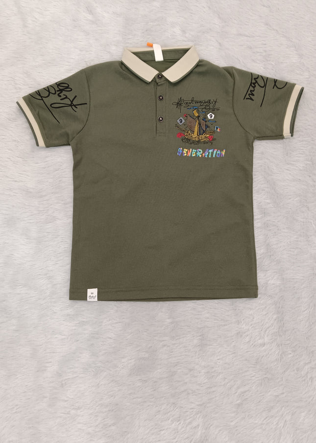 He and She Boys Olive Green Printed Polo T-Shirt