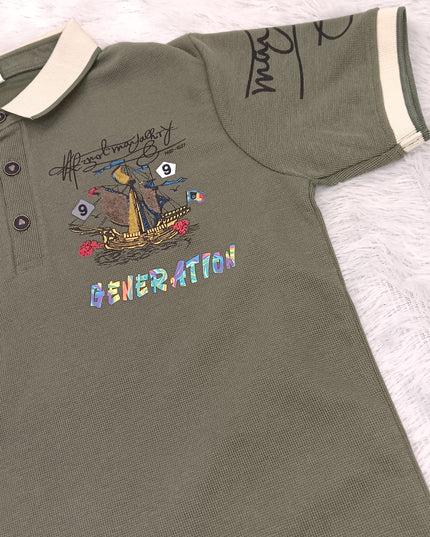 He and She Boys Olive Green Printed Polo T-Shirt