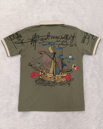 He and She Boys Olive Green Printed Polo T-Shirt