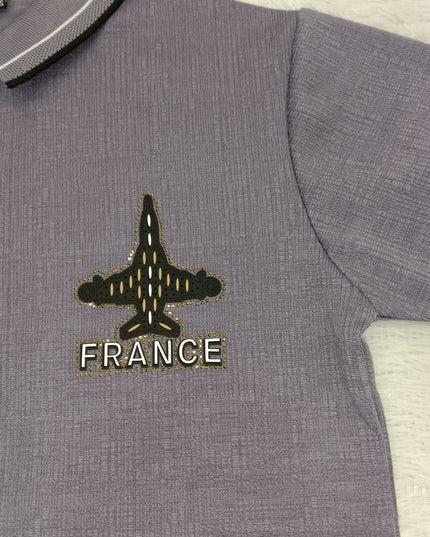He and She Boys Lavender Polo T-Shirt | Airplane Embroidered Casual Collar Tee