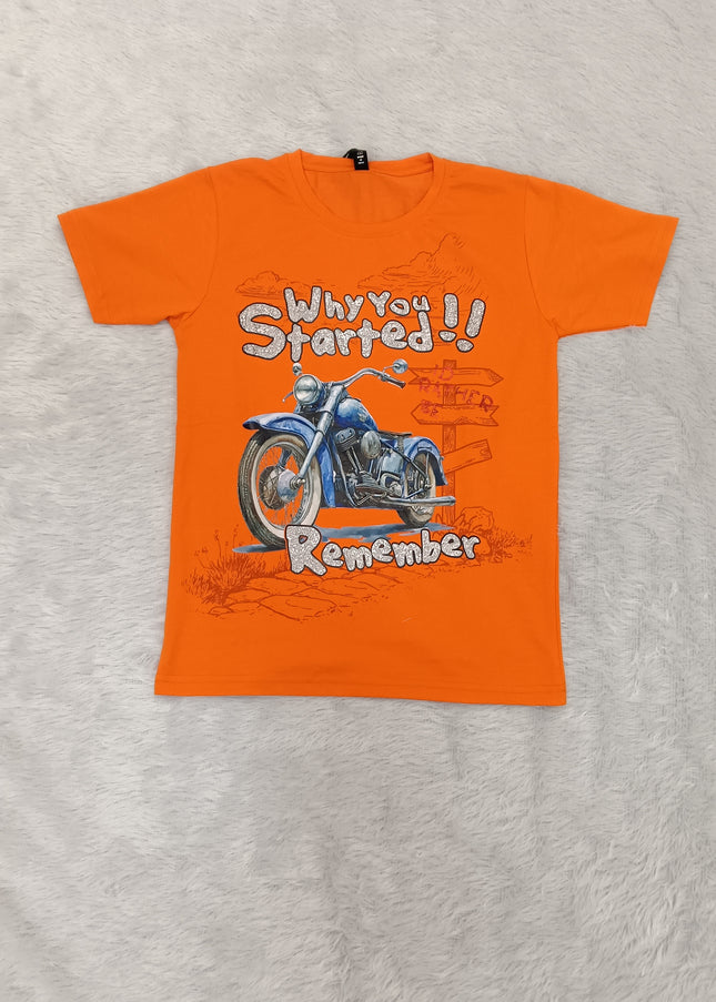 He and She Boys Orange Motorcycle Graphic Printed Cotton T-Shirt