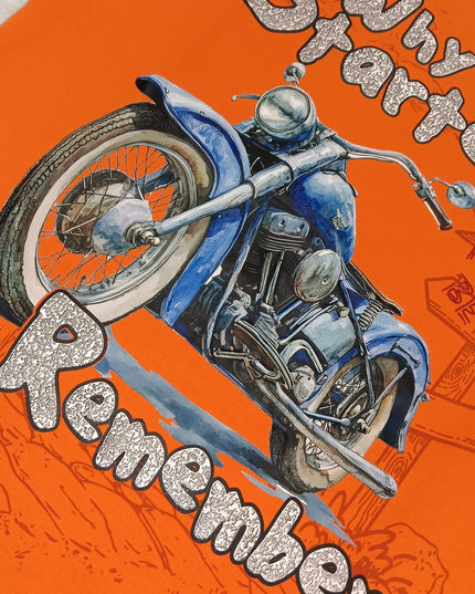 He and She Boys Orange Motorcycle Graphic Printed Cotton T-Shirt